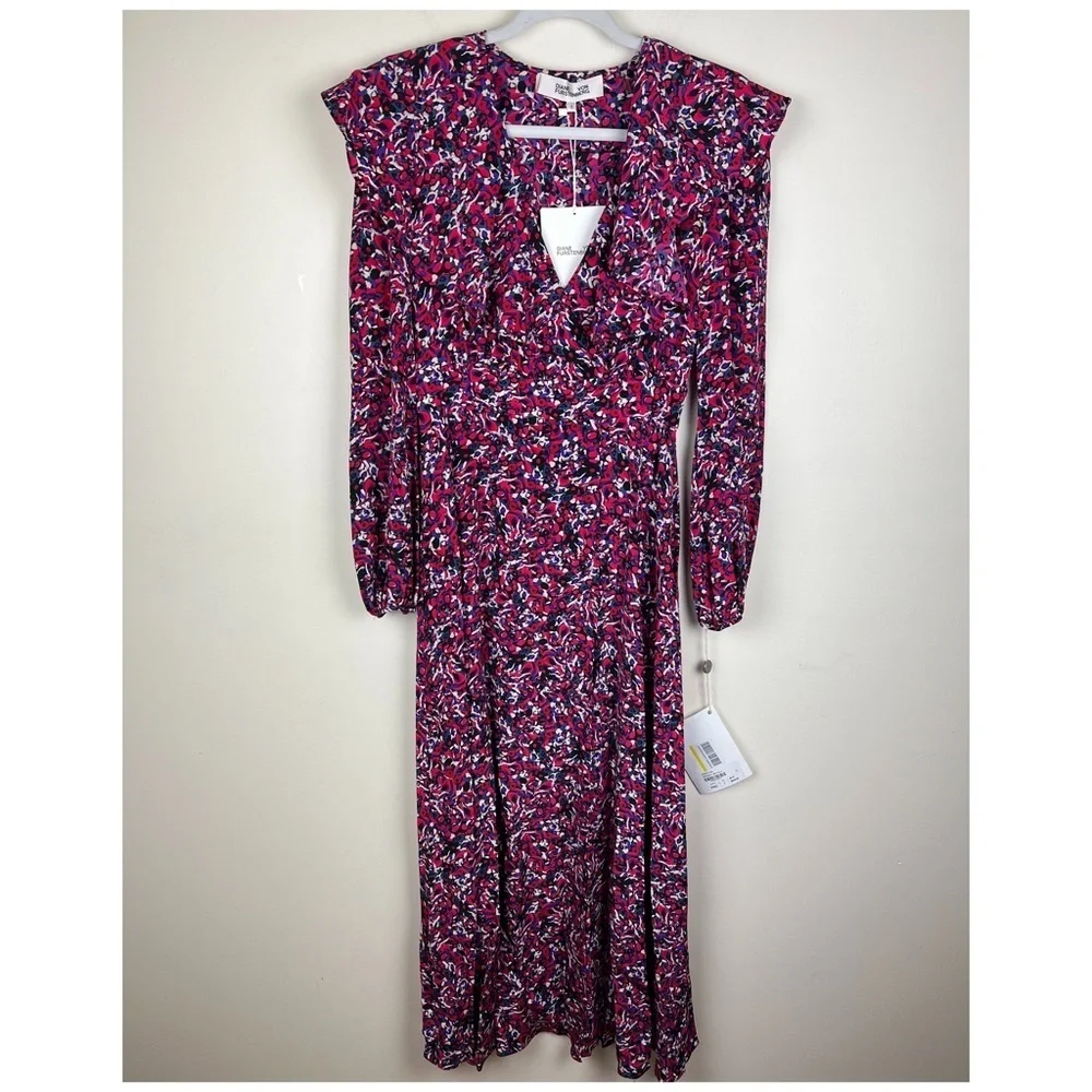 Diane von Furstenberg Bella Wrap Effect Ruffled Silk Crepe de Chine Midi Dress 2 - Picture 2 of 11